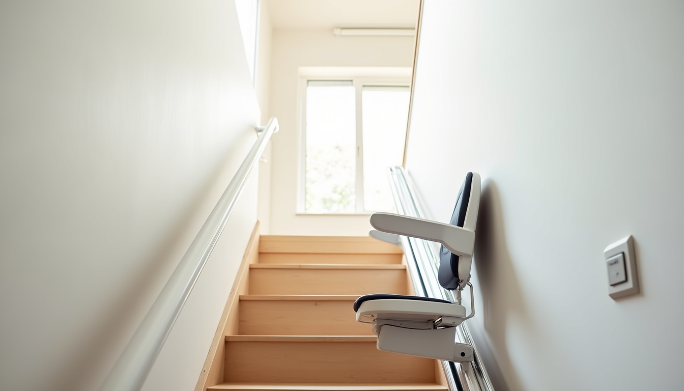 Monte-escalier droit installé dans une maison à Lipsheim, vue d’un siège sur rail en ligne droite