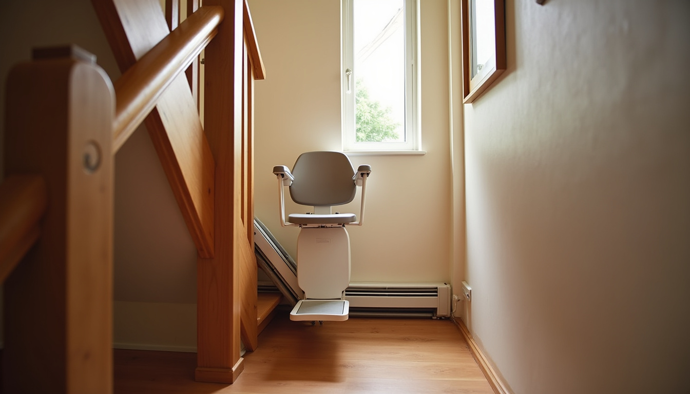 Monte-escalier droit installé dans une maison à Maisdon-sur-Sèvre, vu depuis le bas de l’escalier