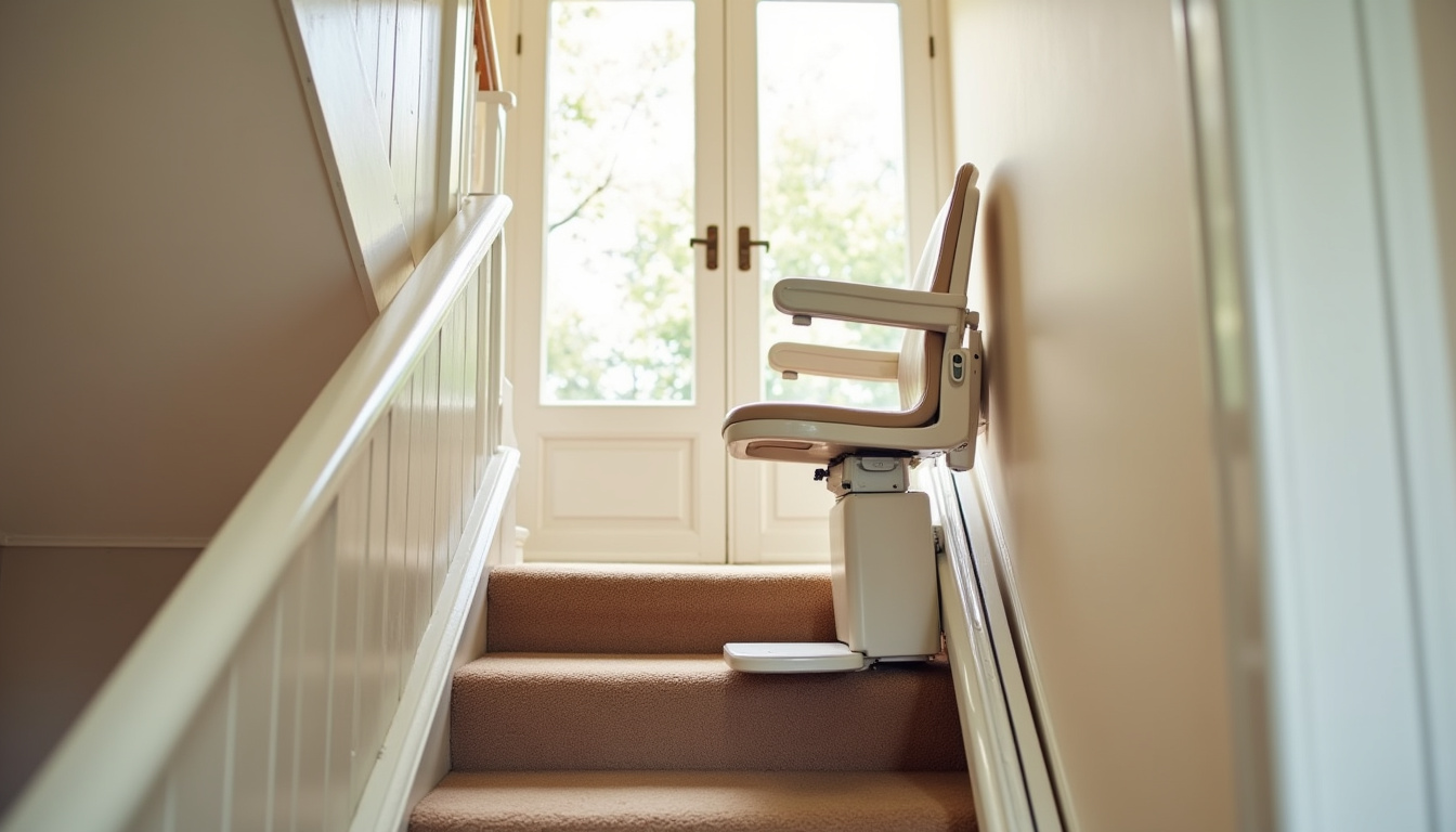 Monte-escalier droit installé dans une maison à Noisy-le-grand, avec rail fixé sur les marches et siège ergonomique