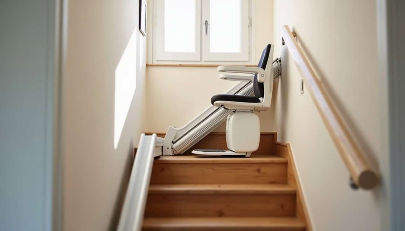 Monte-escalier droit installé dans une maison à Peyrins, avec rail fixé sur les marches