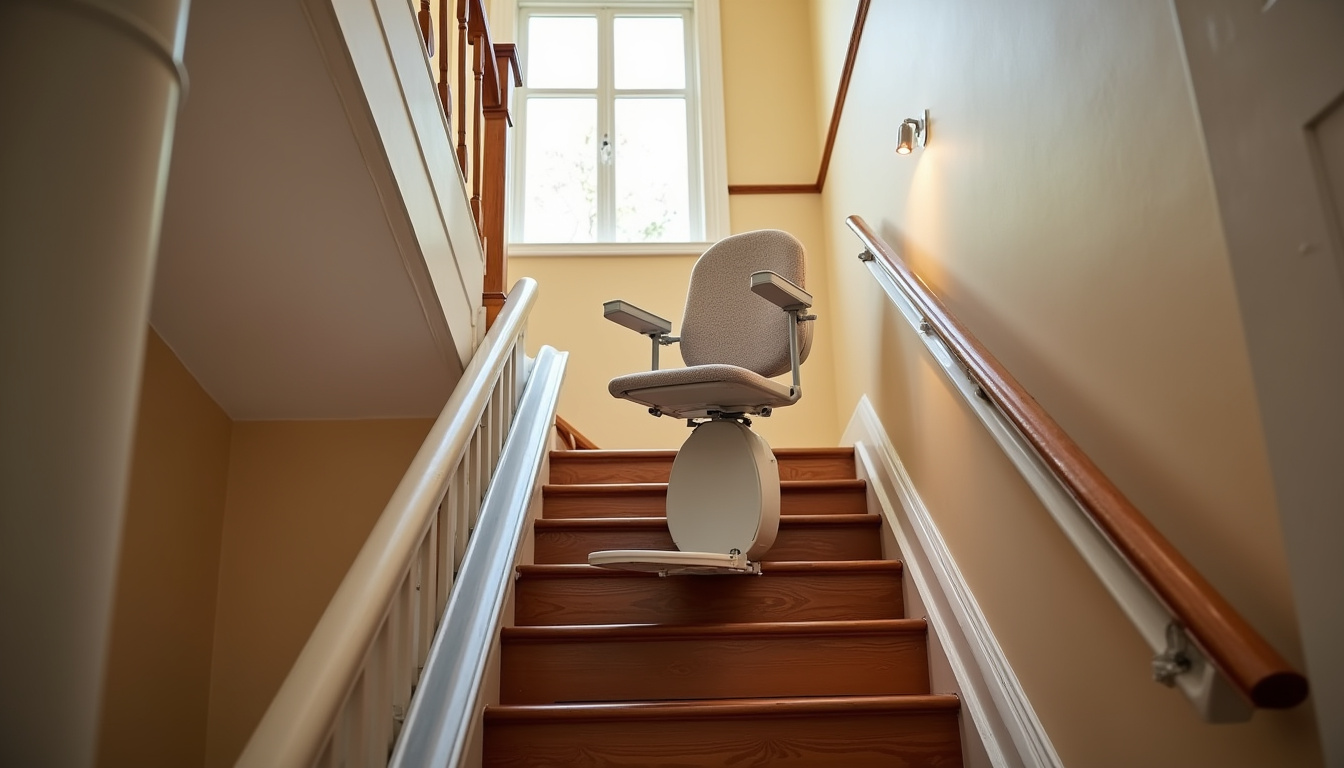 Monte-escalier droit installé dans une maison à Tarare, vue d’ensemble de l’appareil sur l’escalier