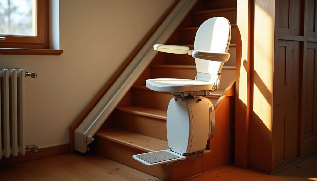 Monte-escalier droit installé dans une maison à Villedômer, escalier en bois avec siège adapté