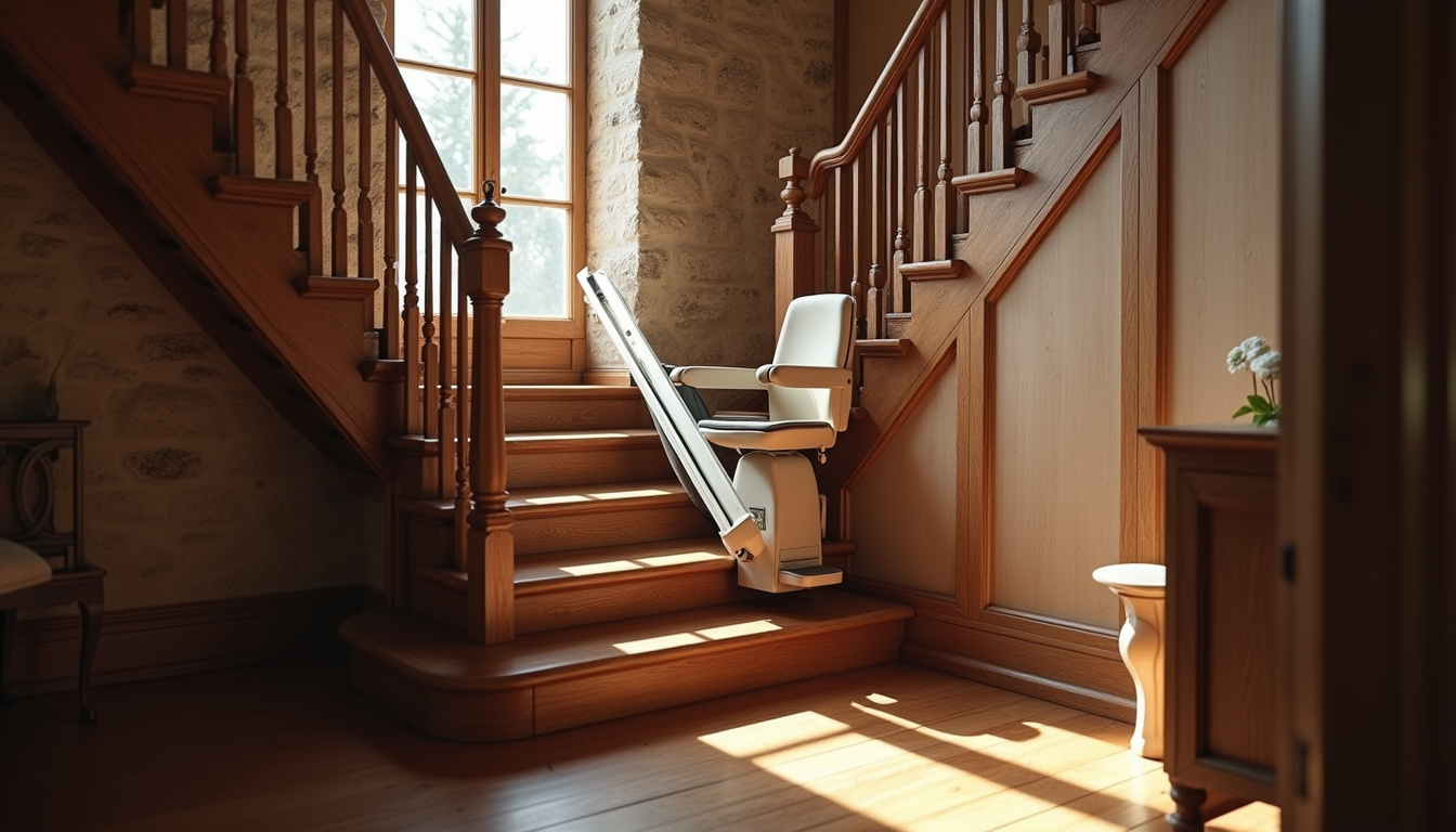 Monte-escalier droit installé dans une maison ancienne à Gontaud-de-Nogaret