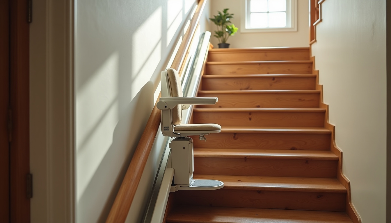 Monte-escalier droit installé dans une maison ancienne à La Tessoualle, vue sur le rail et le siège replié