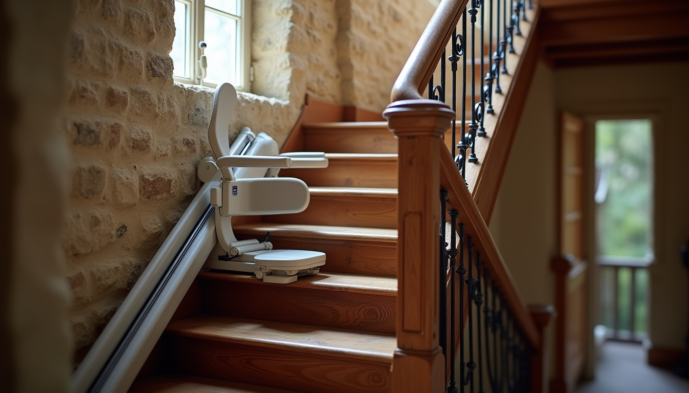 Monte-escalier droit installé dans une maison ancienne à Loireauxence