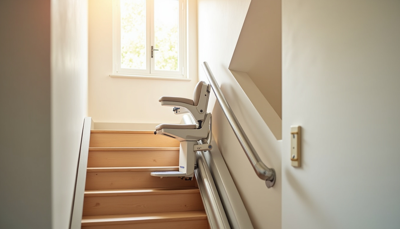 Monte-escalier droit installé dans une maison avec escalier rectiligne à Lédat