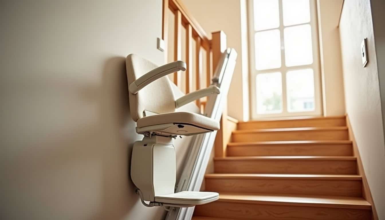 Monte-escalier droit installé dans une maison avec un siège bien intégré