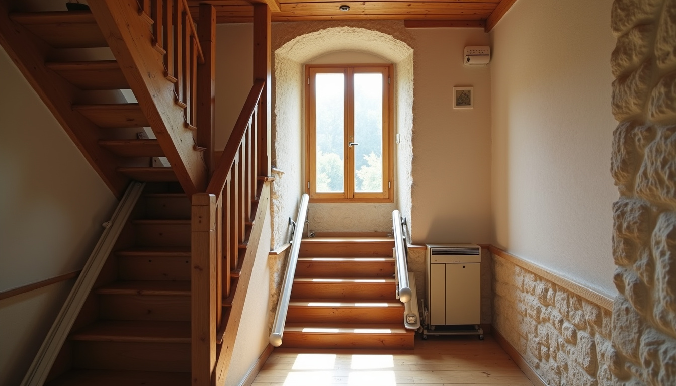 Monte-escalier droit installé dans une maison traditionnelle à Sannerville