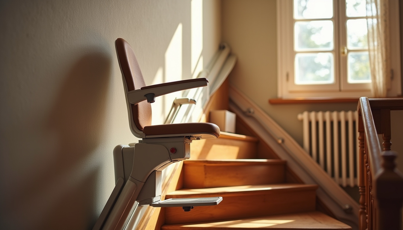 Monte-escalier droit installé dans une maison traditionnelle de Le Magny, avec siège ergonomique et rail fixé sur les marches