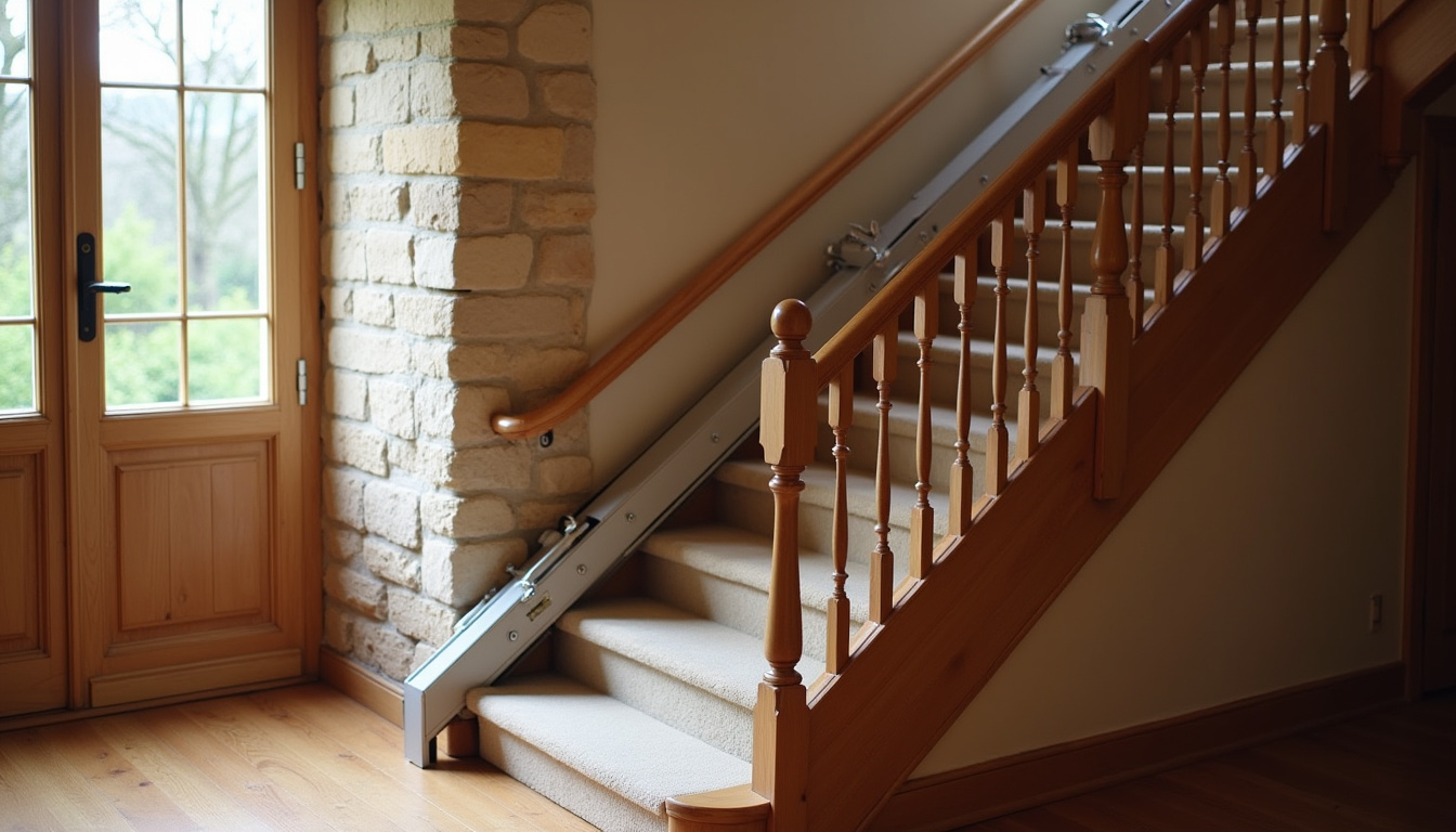Monte-escalier droit installé dans une maison traditionnelle de Tournay