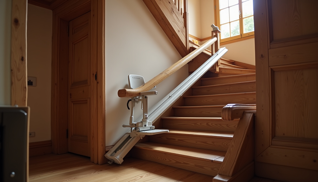 Monte-escalier droit installé dans une maison typique de Lardy, escalier en bois ancien