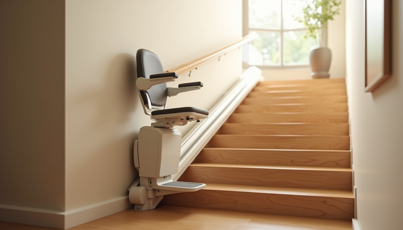 Monte-escalier droit installé sur un escalier intérieur, avec siège replié contre le mur