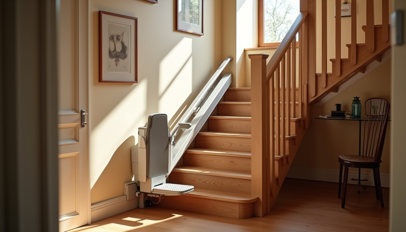 Monte-escalier droit installé sur un escalier intérieur dans une maison des Hauts-d