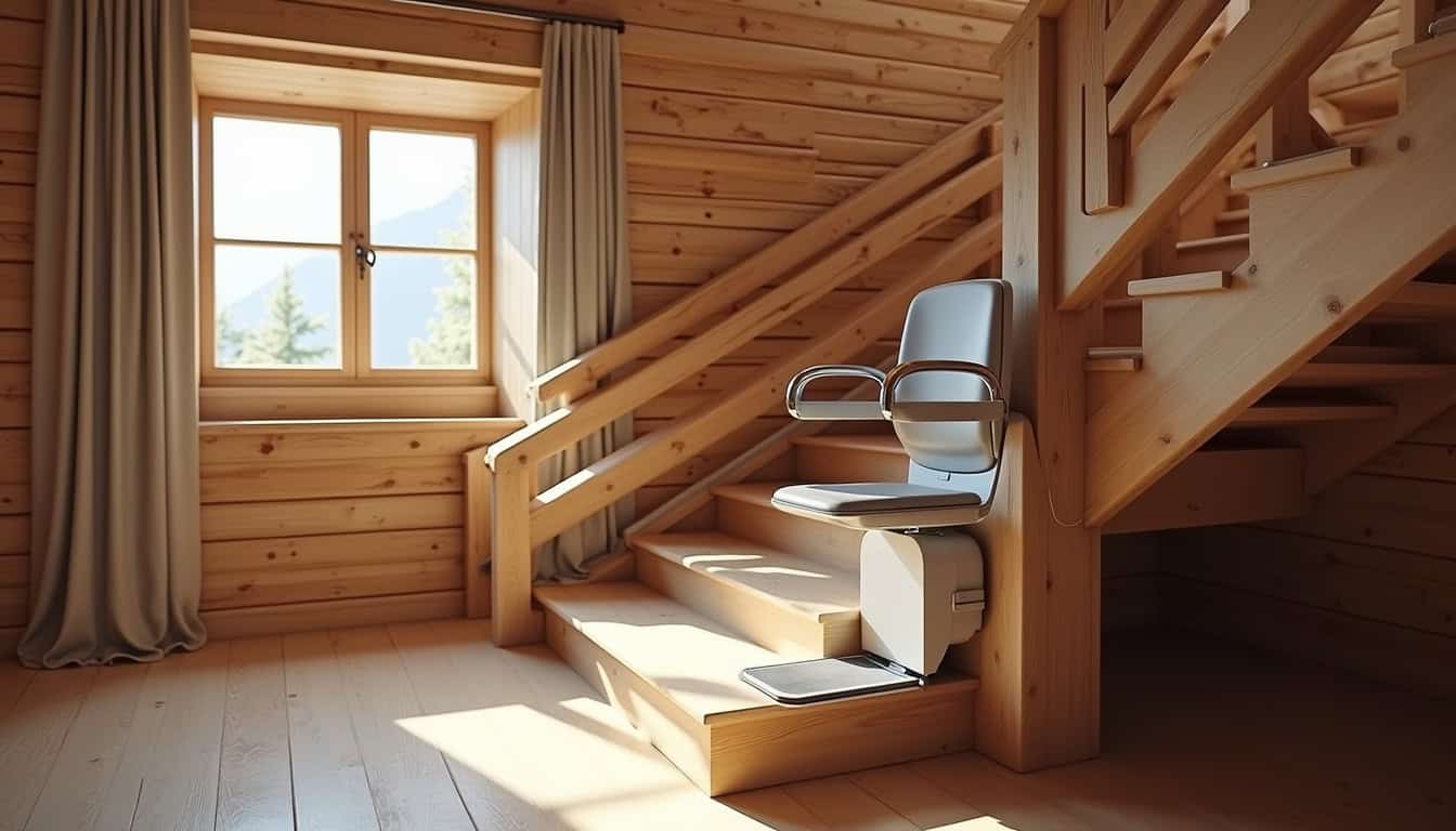 Monte-escalier droit installé sur un escalier intérieur en bois dans une maison du Jura