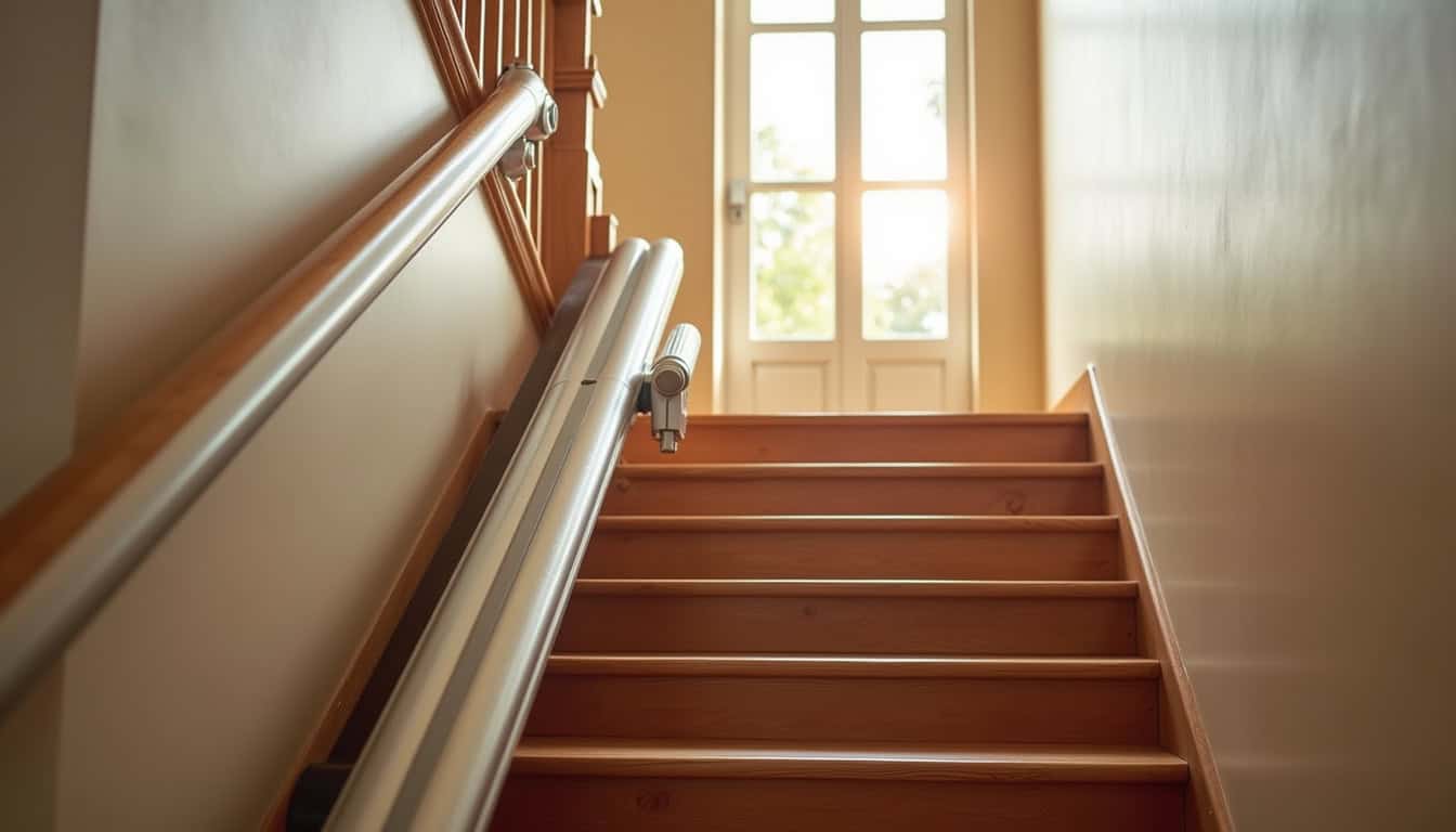 Monte-escalier droit installé sur un escalier intérieur en bois, vu depuis le bas