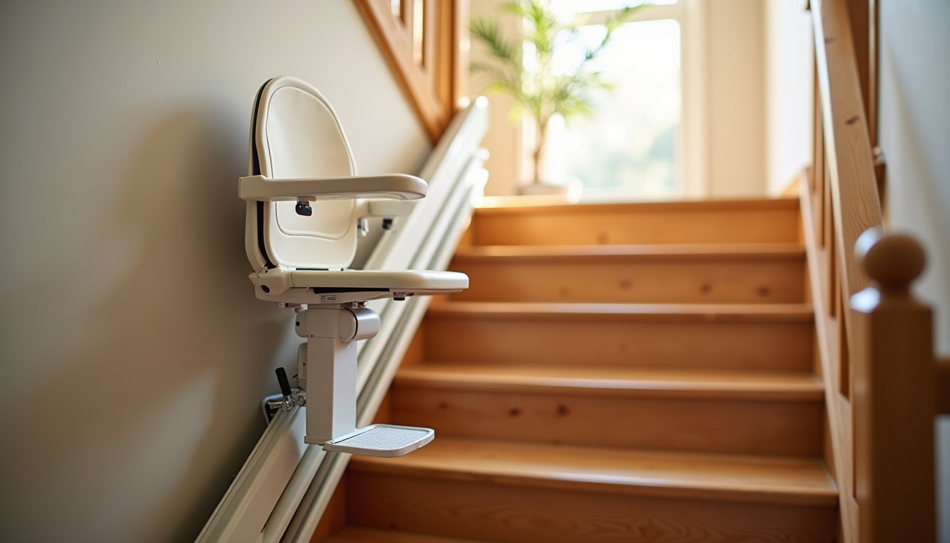 Monte-escalier droit installé sur un escalier intérieur en bois