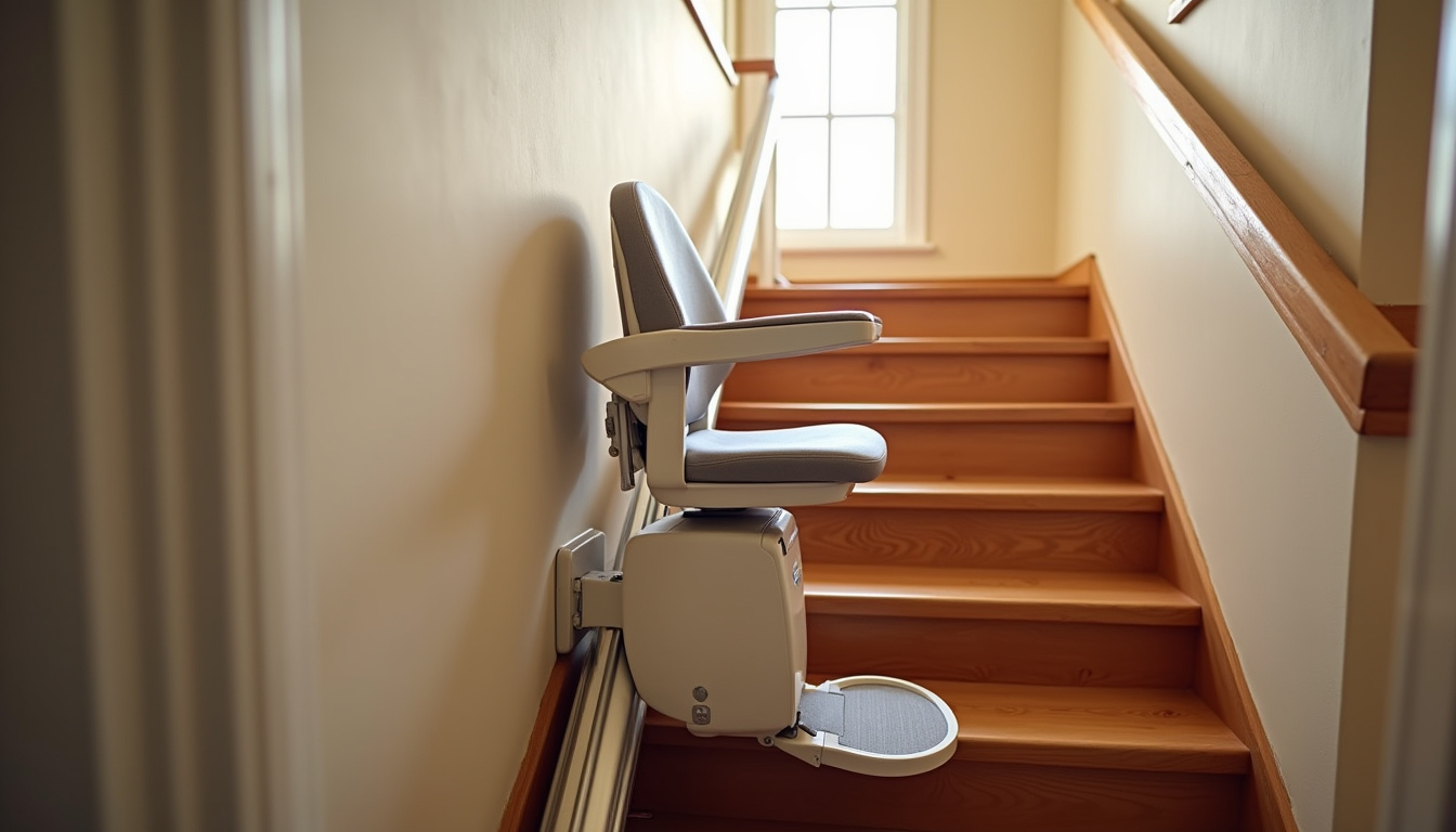 Monte-escalier droit installé sur un escalier intérieur en bois