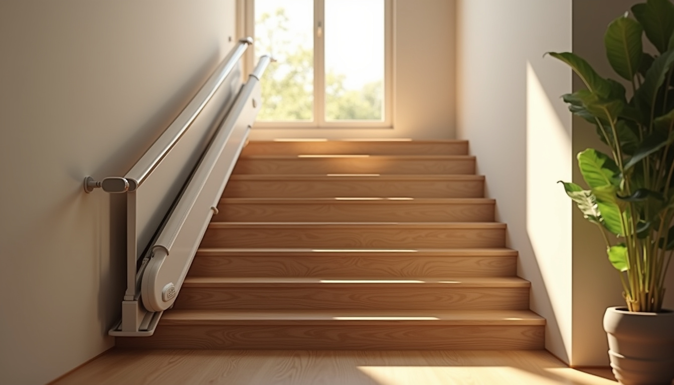Monte-escalier droit installé sur un escalier intérieur en bois