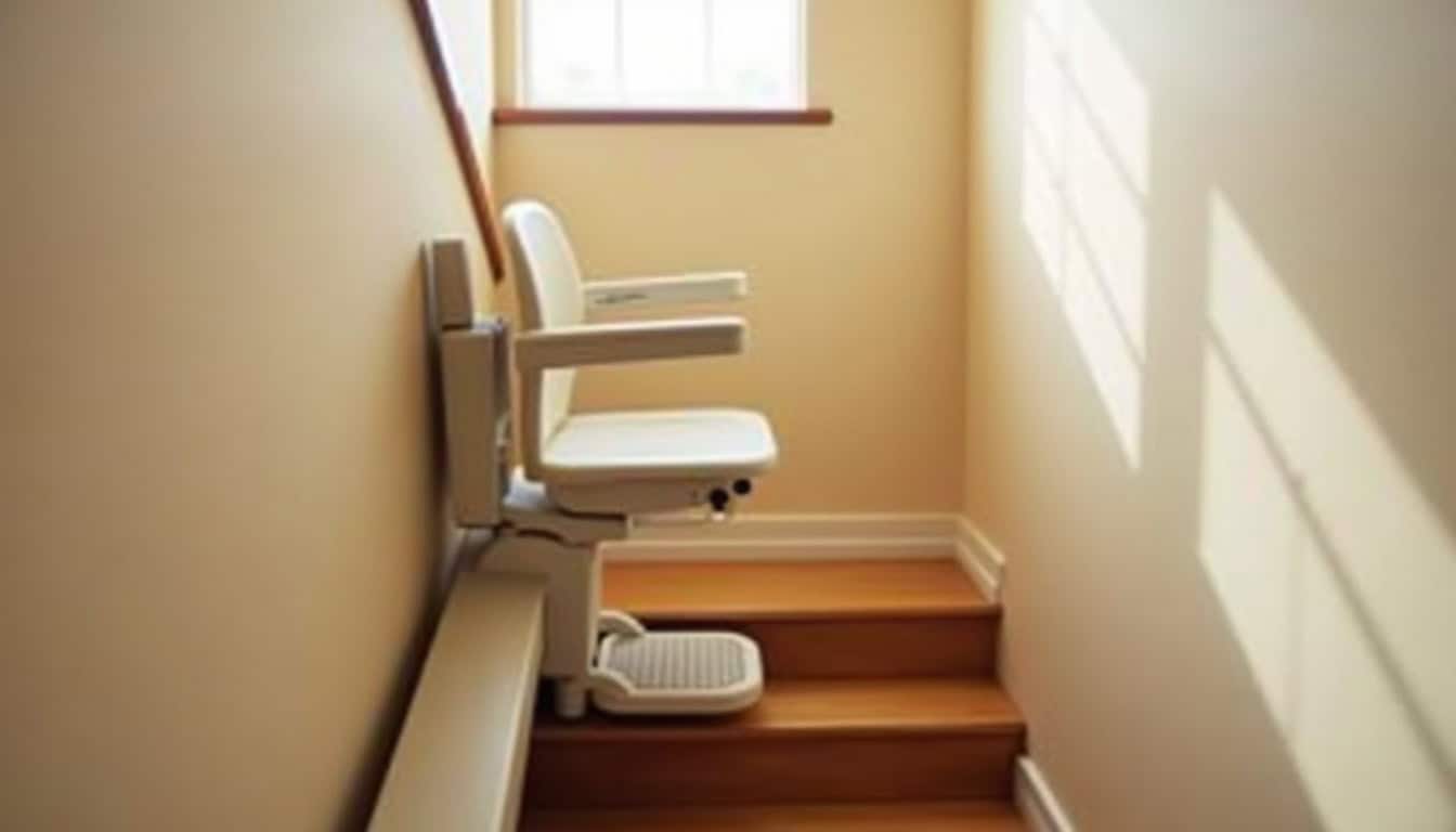 Monte-escalier droit installé sur un escalier intérieur, montrant le siège pliable et le rail fixé à la rampe