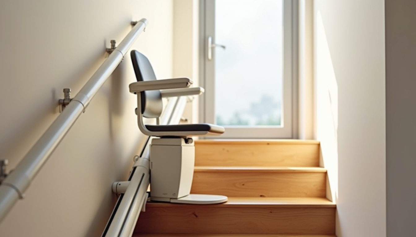 Monte-escalier droit installé sur un escalier rectiligne à Gerstheim, avec siège ergonomique et rail fixé sur les marches