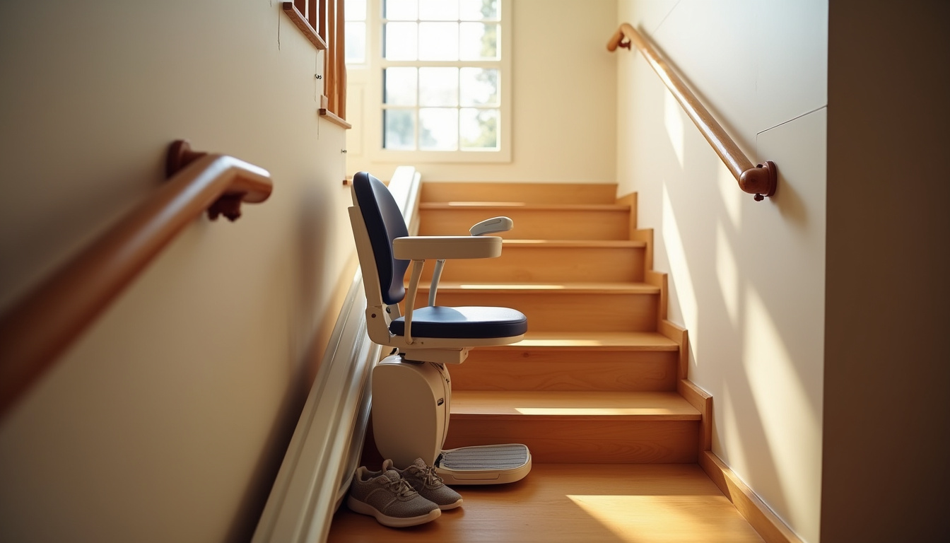 Monte-escalier droit installé sur un escalier rectiligne dans une maison à Sainte-Solange