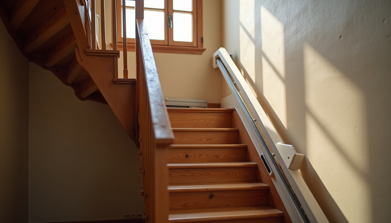 Monte-escalier droit installé sur un escalier rectiligne dans une maison ancienne