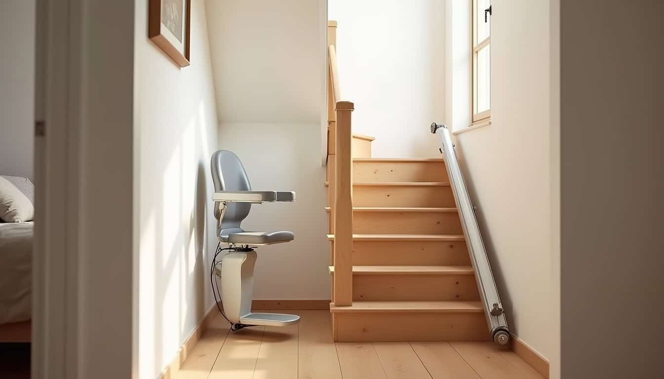 Monte-escalier droit installé sur un escalier simple dans une maison à Sartilly-Baie-Bocage