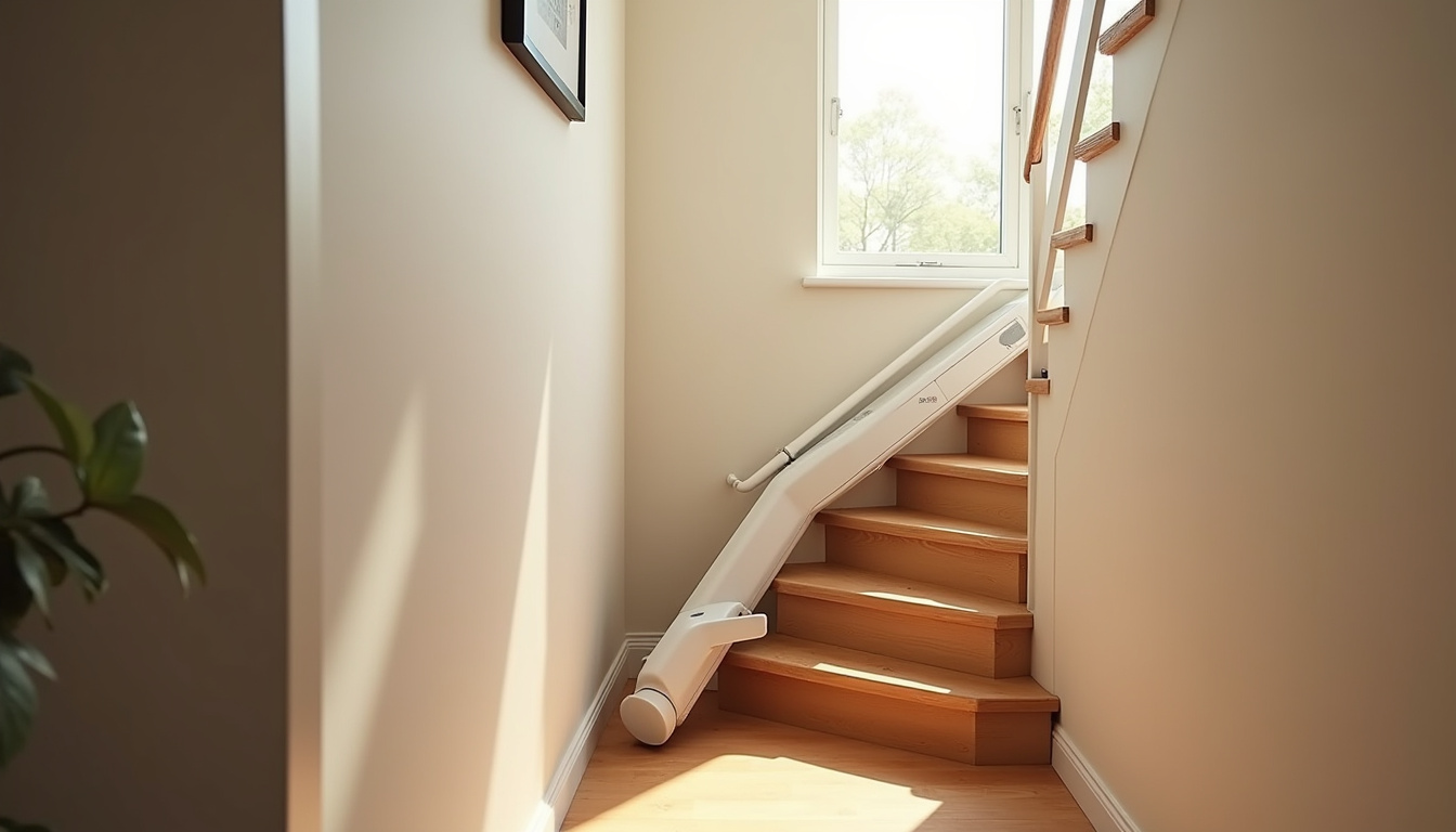Monte-escalier électrique installé sur un escalier intérieur droit dans une maison familiale