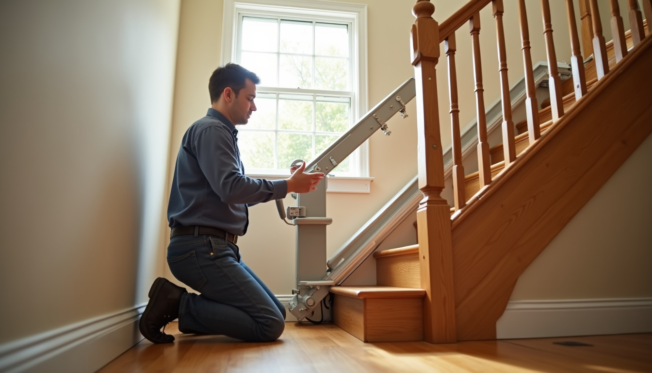 Monte-escalier en cours d’installation dans un escalier intérieur de maison