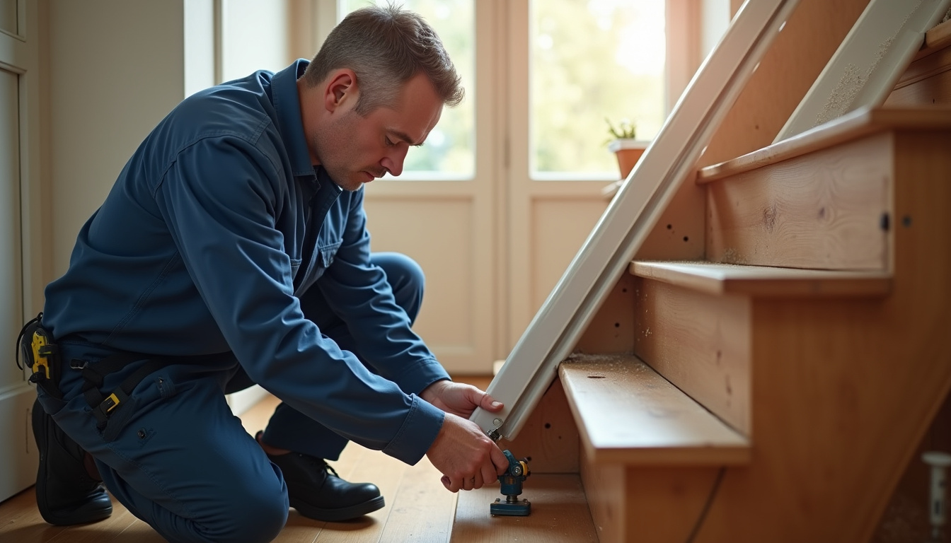 Monte-escalier en cours d’installation dans une maison à Rinxent, avec un technicien en train de fixer le rail sur les marches