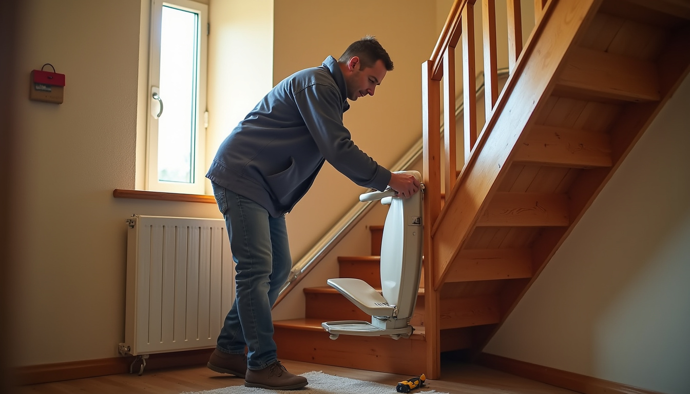 Monte-escalier en cours d’installation dans une maison à Sauvagnon avec un technicien local