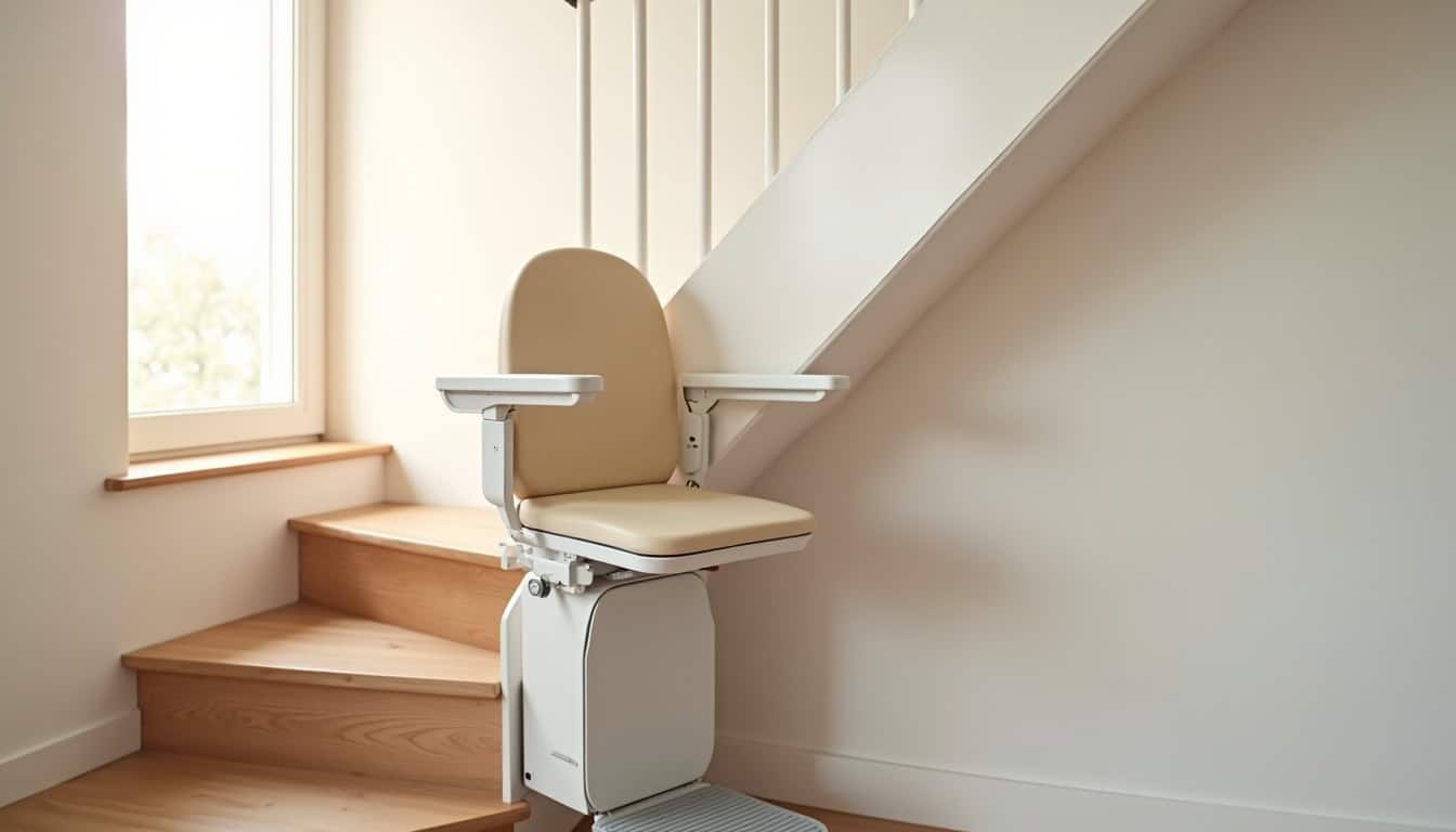 Monte-escalier en fauteuil installé sur un escalier intérieur à Oyeu
