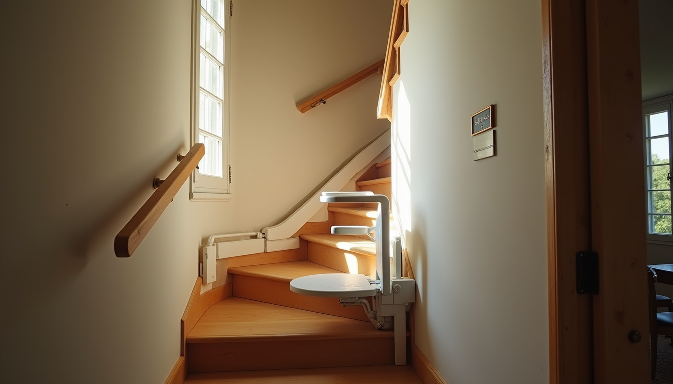 Monte-escalier en location installé temporairement dans une maison de Saint-Romain-de-Jalionas, avec une plaque indiquant 