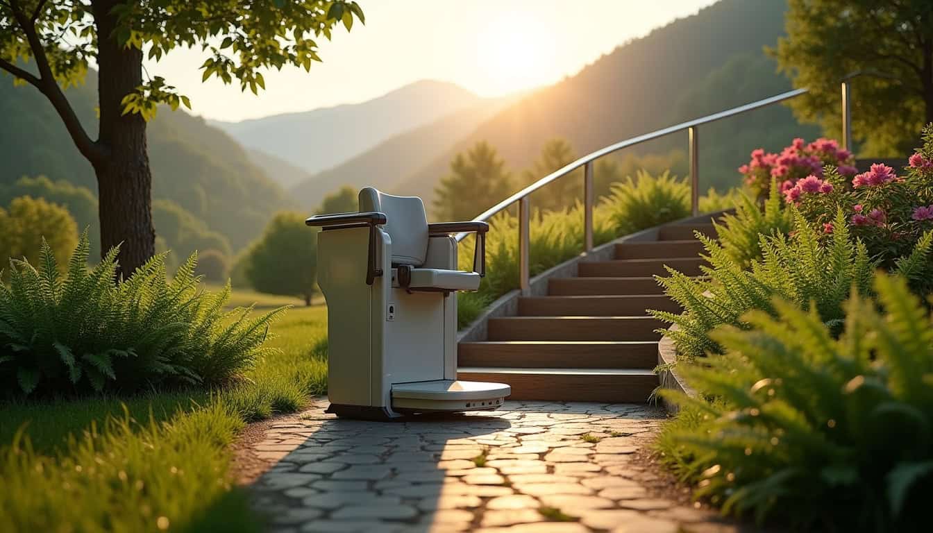 Monte-escalier extérieur en fonctionnement dans un jardin à Cruet