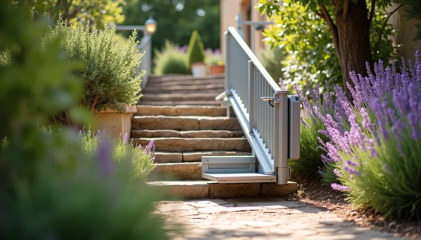 Monte-escalier extérieur en fonctionnement dans un jardin à Malemort-du-Comtat