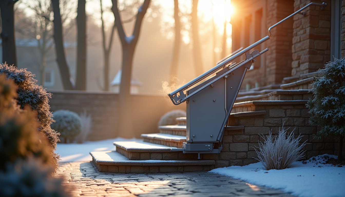 Monte-escalier extérieur en fonctionnement par temps froid
