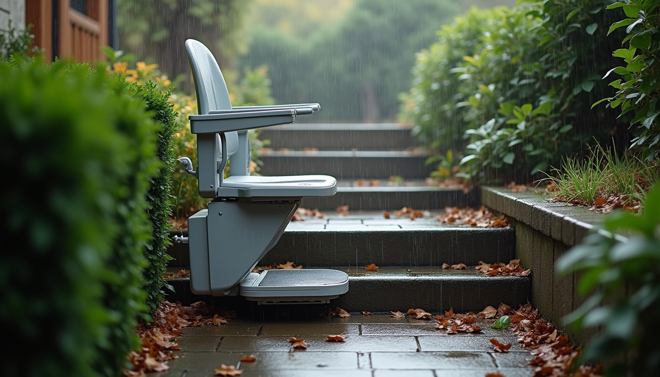 Monte-escalier extérieur en fonctionnement sous la pluie à Manneville-sur-Risle