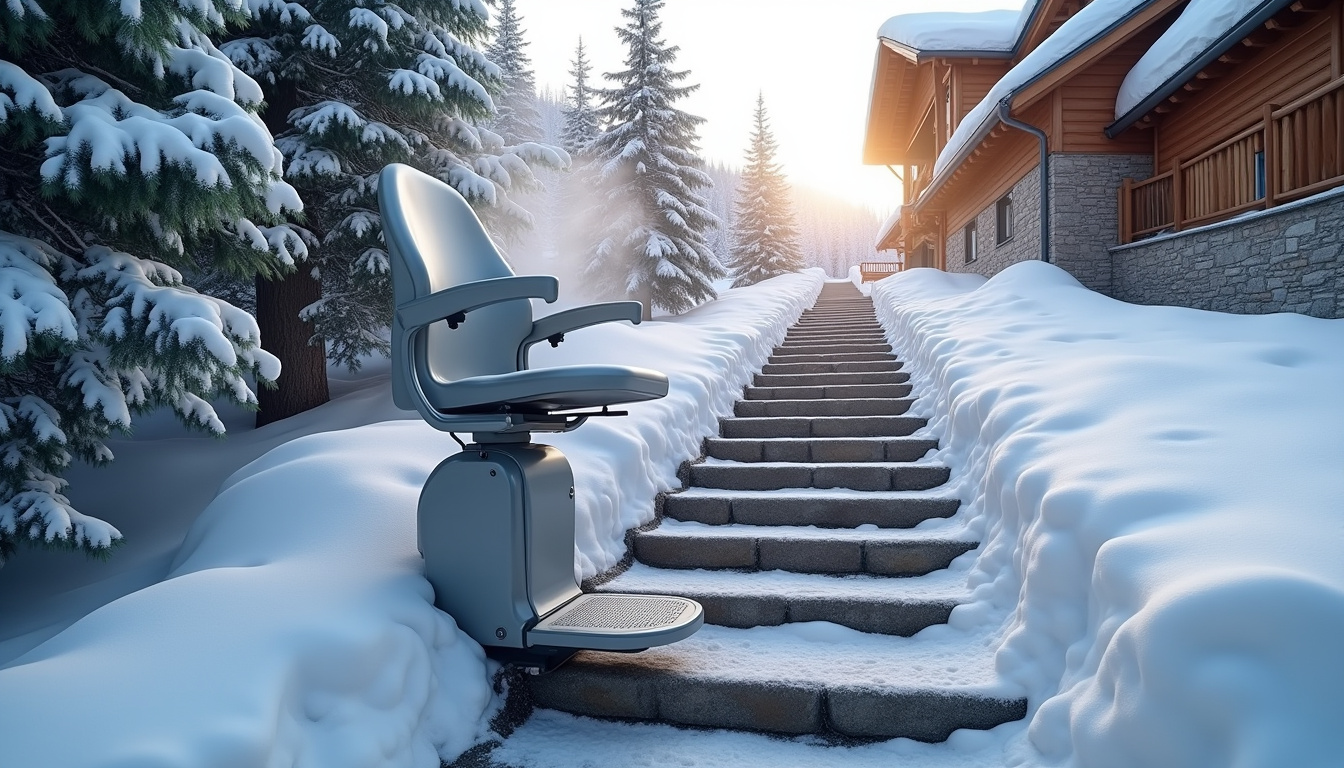 Monte-escalier extérieur fonctionnant par temps de neige à Ax-les-thermes