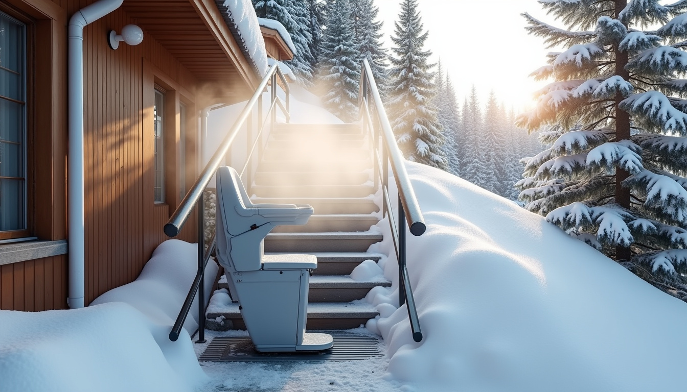 Monte-escalier extérieur installé à Ax-les-Thermes dans un environnement montagnard avec neige au sol