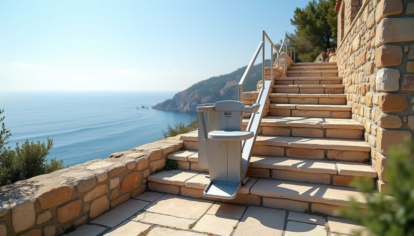 Monte-escalier extérieur installé à Banyuls-sur-Mer, résistant aux conditions maritimes