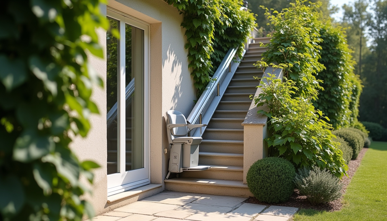 Monte-escalier extérieur installé à Coudun, résistant aux intempéries et intégré harmonieusement à l’extérieur d’une maison