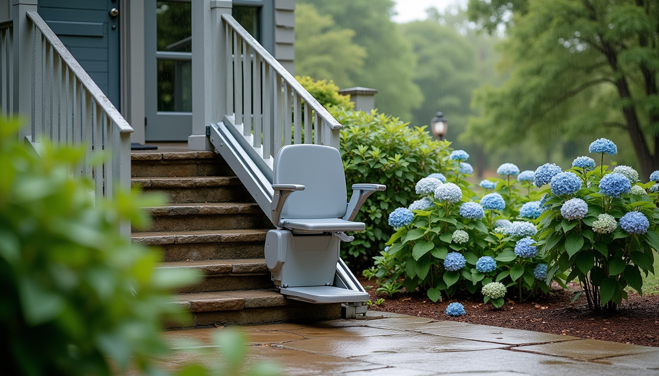 Monte escalier extérieur installé à Domont, résistant aux intempéries et adapté à un accès jardin