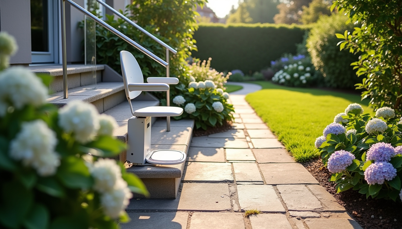 Monte-escalier extérieur installé à l’arrière d’une maison à Saint-Germain-sur-Morin, permettant un accès sécurisé au jardin