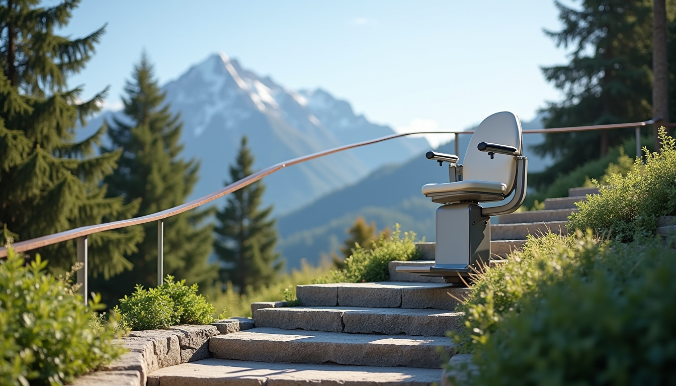 Monte-escalier extérieur installé à Maxilly-sur-Léman avec vue sur les montagnes environnantes