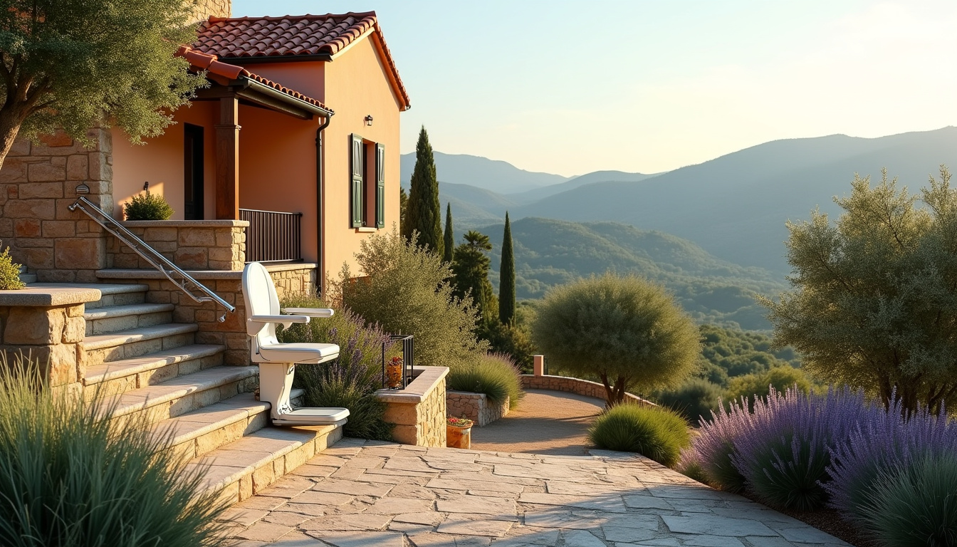 Monte-escalier extérieur installé dans un environnement méditerranéen avec vue sur les collines