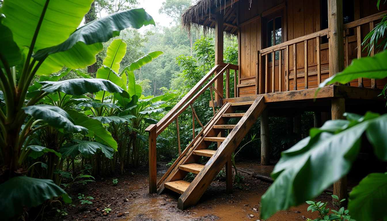Monte-escalier extérieur installé dans un environnement tropical humide, typique de la Guyane