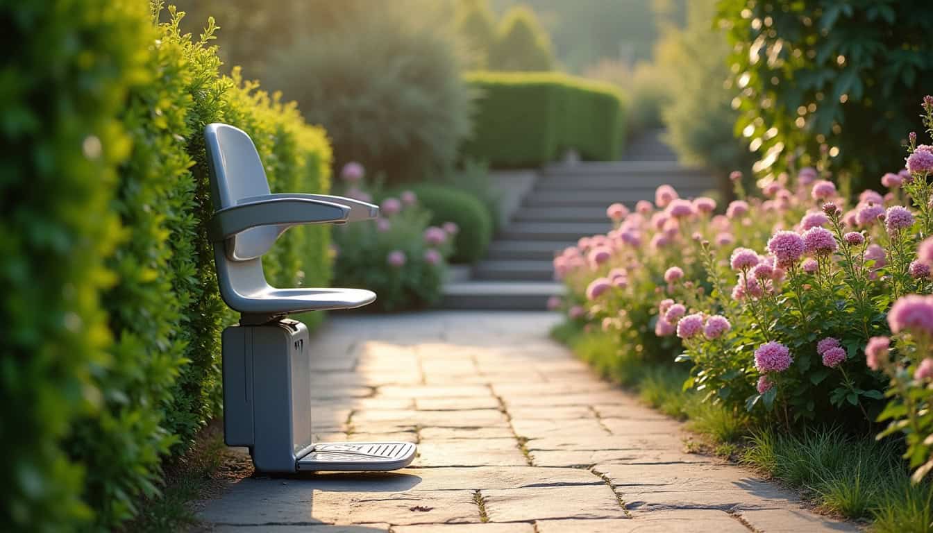 Monte-escalier extérieur installé dans un jardin à Beauvois-en-Cambrésis