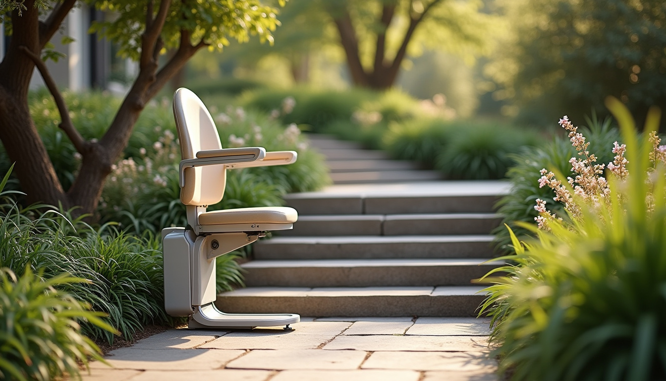 Monte-escalier extérieur installé dans un jardin à Neaufles-Saint-Martin