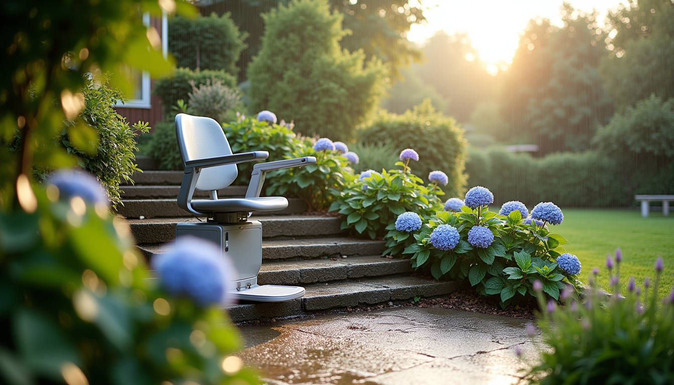 Monte-escalier extérieur installé dans un jardin à Pouilly-sous-Charlieu, adapté aux intempéries et aux accès extérieurs