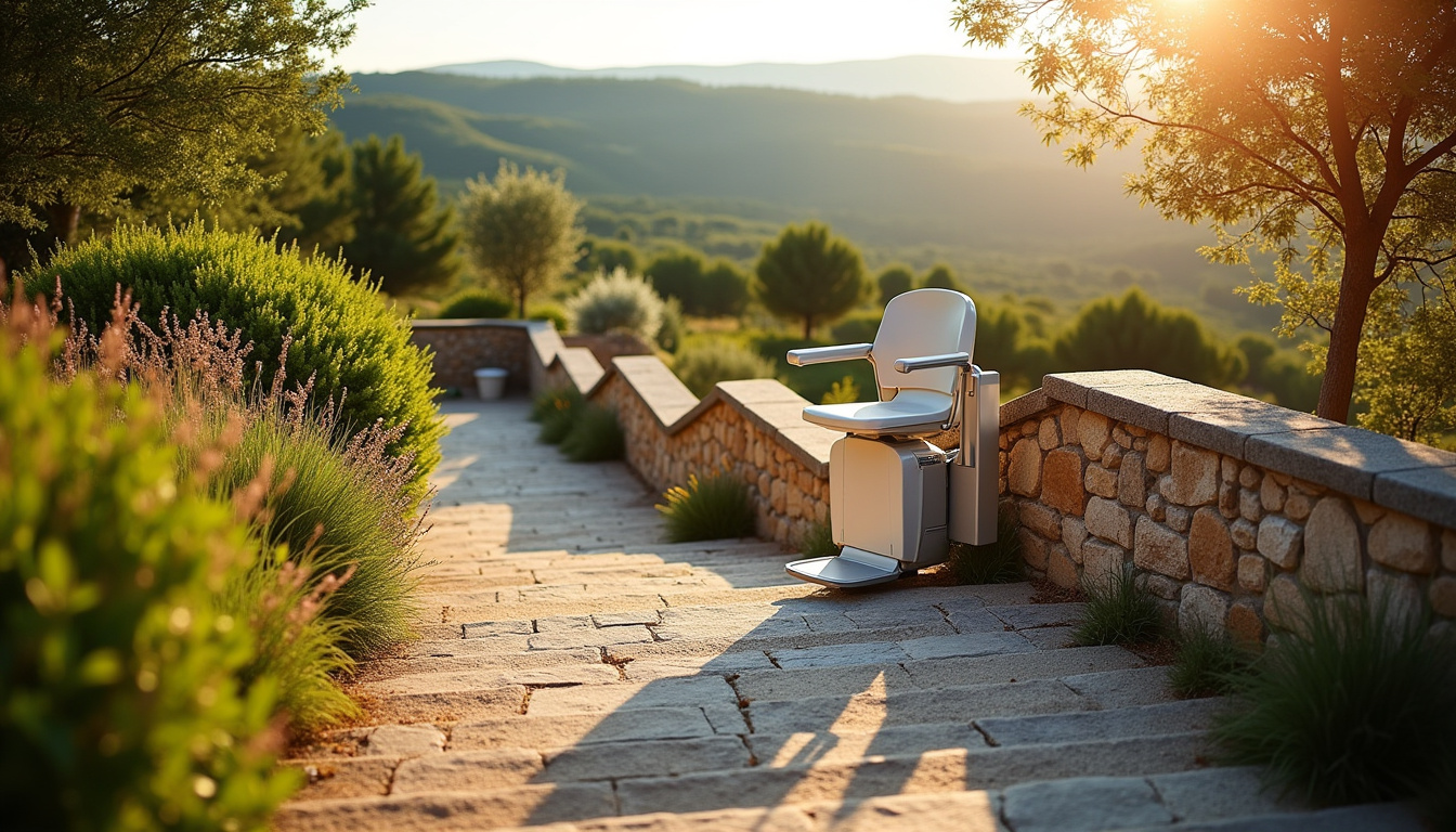 Monte-escalier extérieur installé dans un jardin de Laroque-des-Albères, avec vue sur les collines environnantes